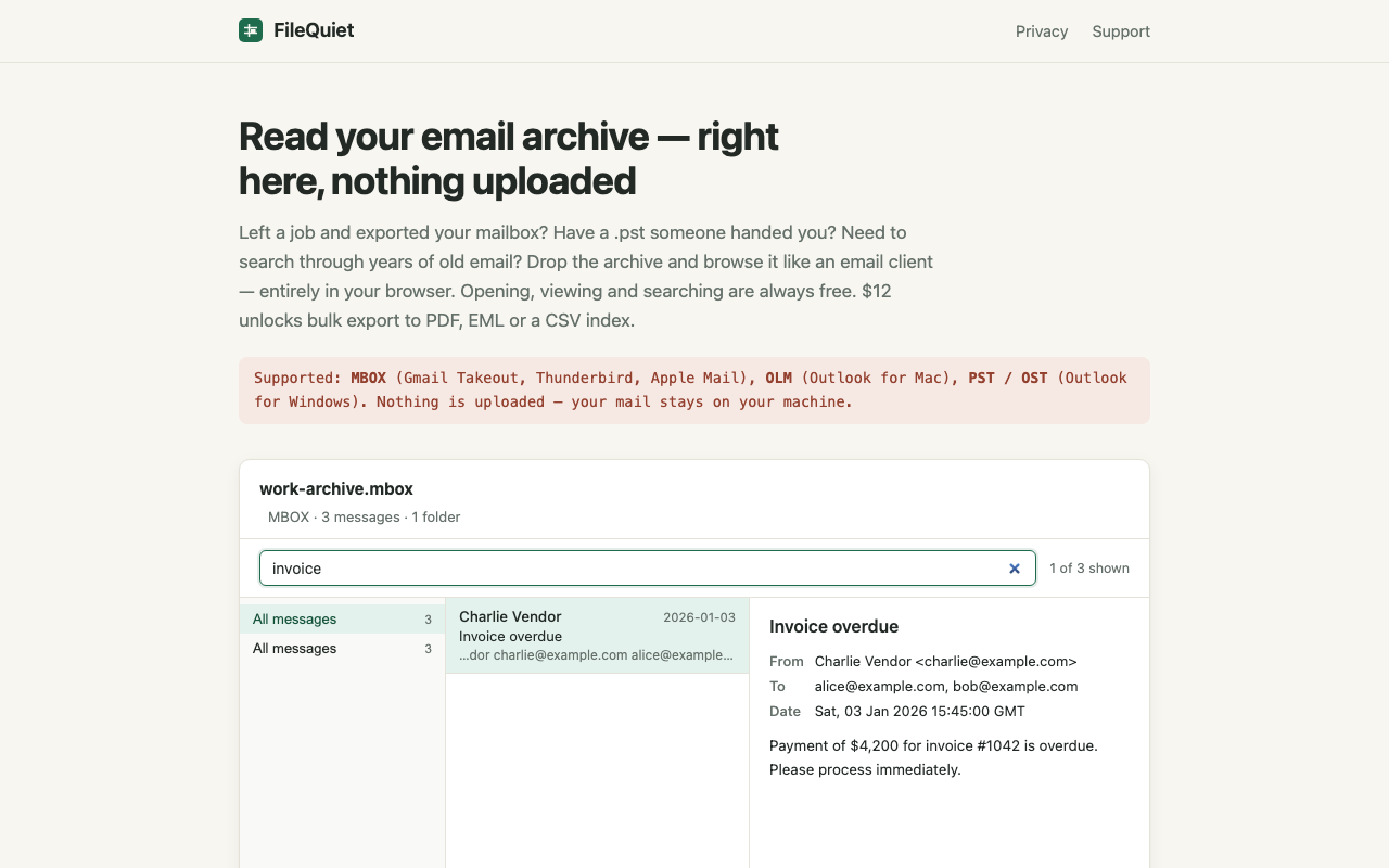 The real product: MBOX archive opened, message list on the left, preview pane on the right showing a selected message, search filtered to 'invoice'.